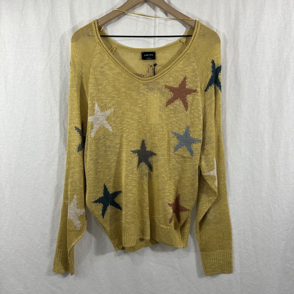 Blank Paige Mustard Yellow Star Knit Lightweight Oversized Sweater Womens Sz S